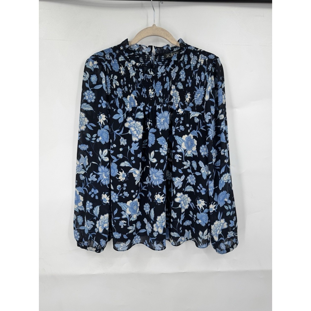 J.Crew Medium Blue Floral Smocked‎ Blouse Sheer Long Sleeve Cottagecore Romantic